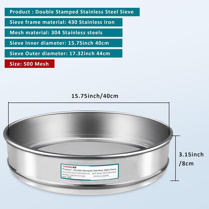 LVDALAB 304 Stainless Steel Lab Sieve Screen Mesh, 500 Mesh (0.03mm) Aperture Test Sieve, 15.75''(40cm) Diameter Economy Standard Analysis Sample Test Sieves for Industrial Laboratory Homes - Image 2